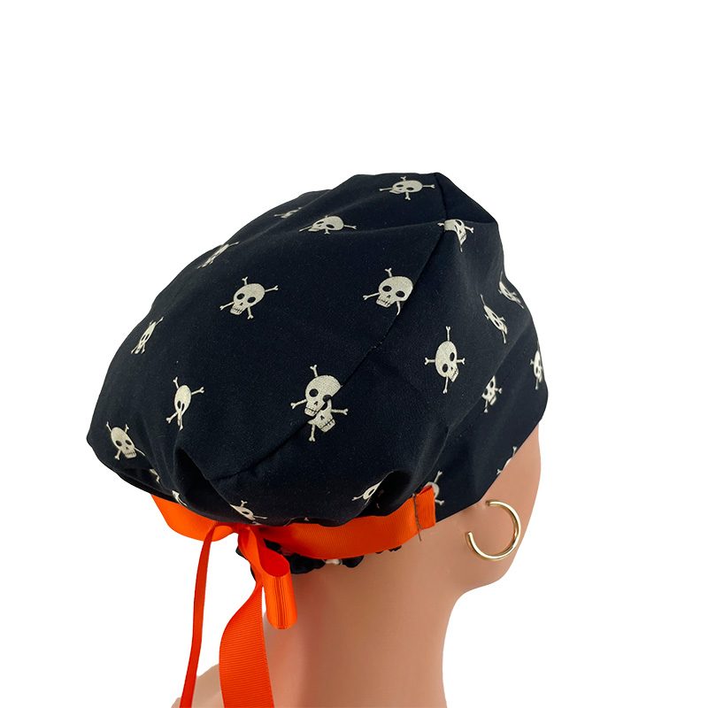 European Style Scrub Cap (Grosgrain Ribbon) - Boo! Skull/Bones - Black - Image 6
