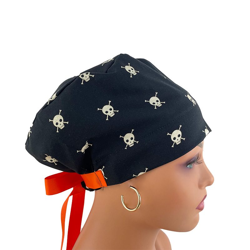 European Style Scrub Cap (Grosgrain Ribbon) - Boo! Skull/Bones - Black - Image 7