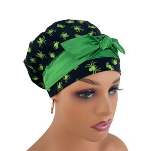 European Style Scrub Cap -Sateen Ribbon - Glow in The Dark/Halloween Spiders