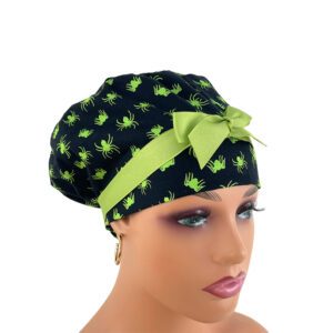 European Style Scrub Cap (Grosgrain Ribbon) - Glow in The Dark/Halloween Spiders