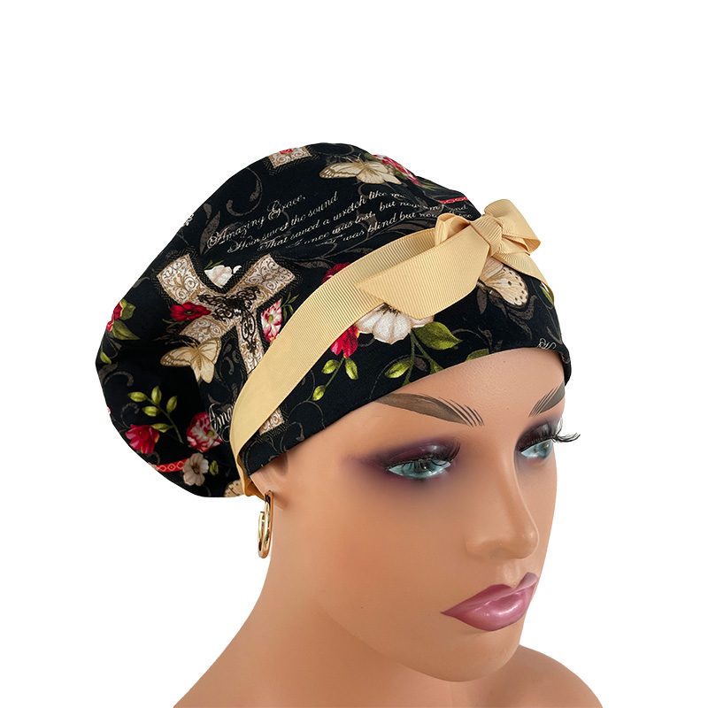 European Style Scrub Cap (Grosgrain Ribbon) - Amazing Grace/Beige