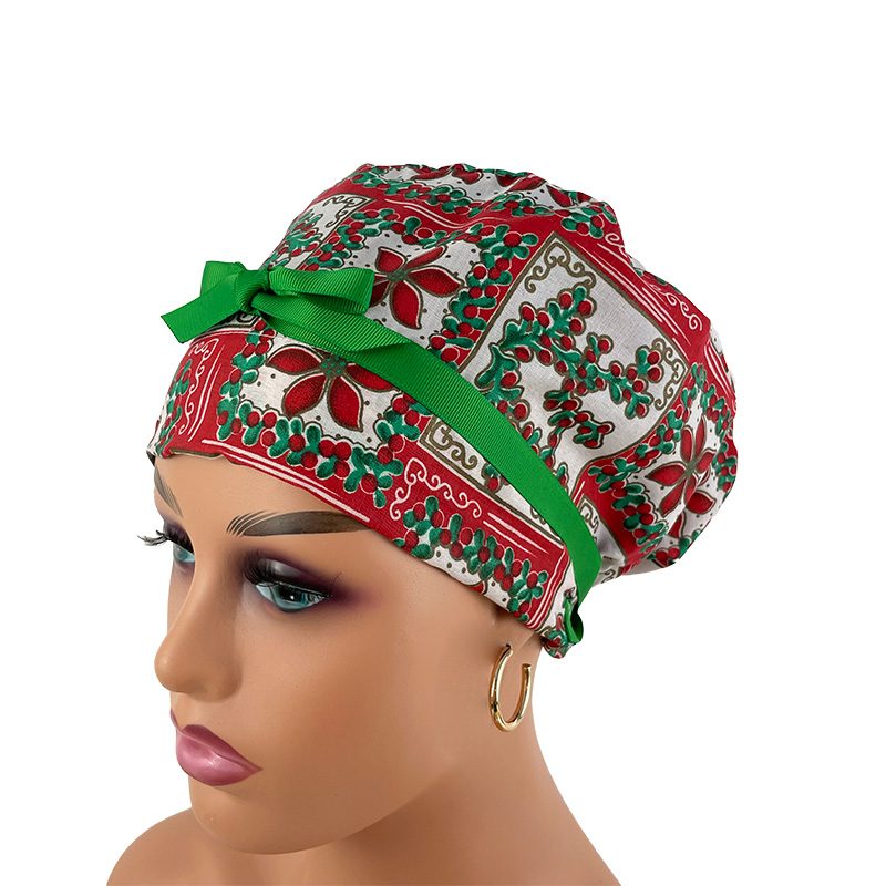 European Style Scrub Cap (Grosgrain Ribbon) - Deck The Halls - Holly & Mistletoe - Image 3