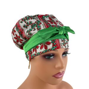 European Style Scrub Cap -Sateen Ribbon - Deck The Halls - Holly & Mistletoe