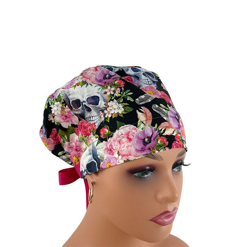 European Style Scrub Cap (Grosgrain Ribbon) - Skulls/Flowers - Rest in Romance - Image 12