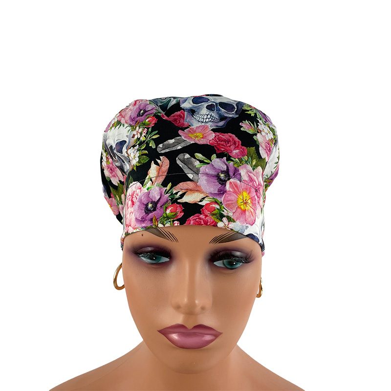 European Style Scrub Cap (Grosgrain Ribbon) - Skulls/Flowers - Rest in Romance - Image 11