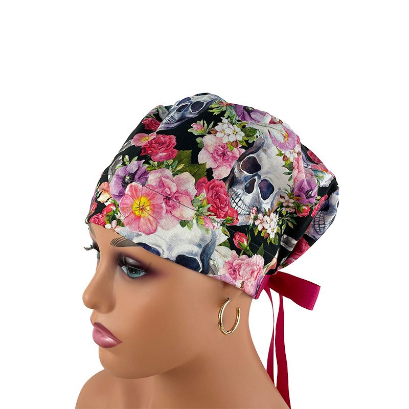 European Style Scrub Cap (Grosgrain Ribbon) - Skulls/Flowers - Rest in Romance - Image 10