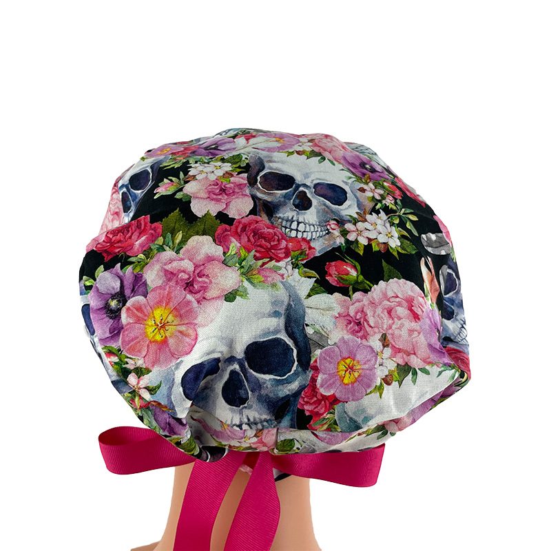 European Style Scrub Cap (Grosgrain Ribbon) - Skulls/Flowers - Rest in Romance - Image 8