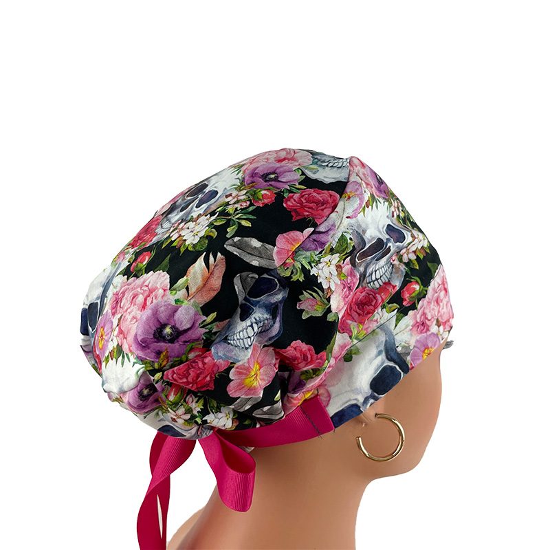 European Style Scrub Cap (Grosgrain Ribbon) - Skulls/Flowers - Rest in Romance - Image 7