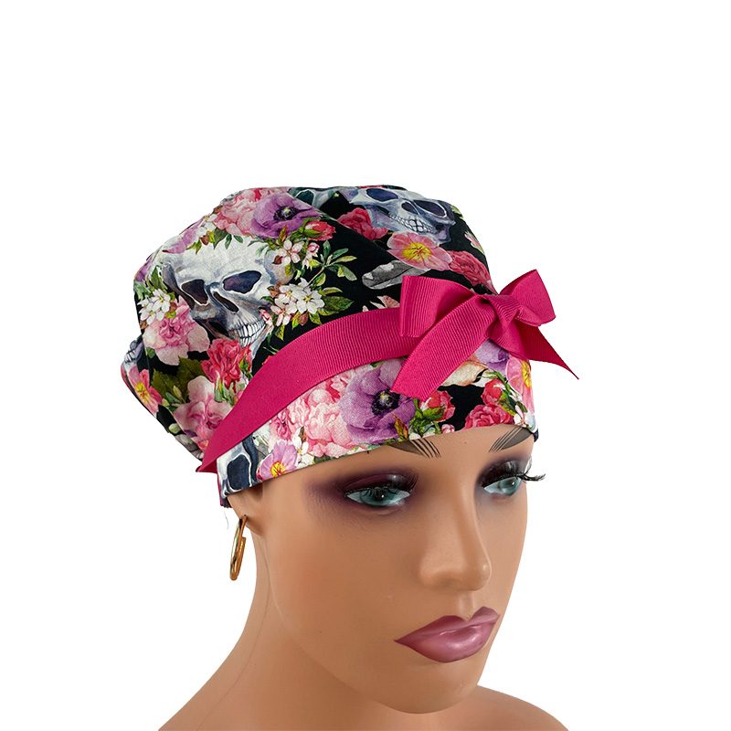 European Style Scrub Cap (Grosgrain Ribbon) - Skulls/Flowers - Rest in Romance