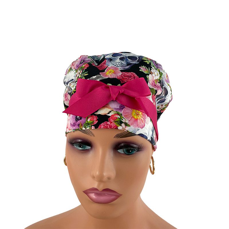 European Style Scrub Cap (Grosgrain Ribbon) - Skulls/Flowers - Rest in Romance - Image 2