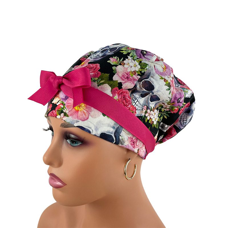 European Style Scrub Cap (Grosgrain Ribbon) - Skulls/Flowers - Rest in Romance - Image 3