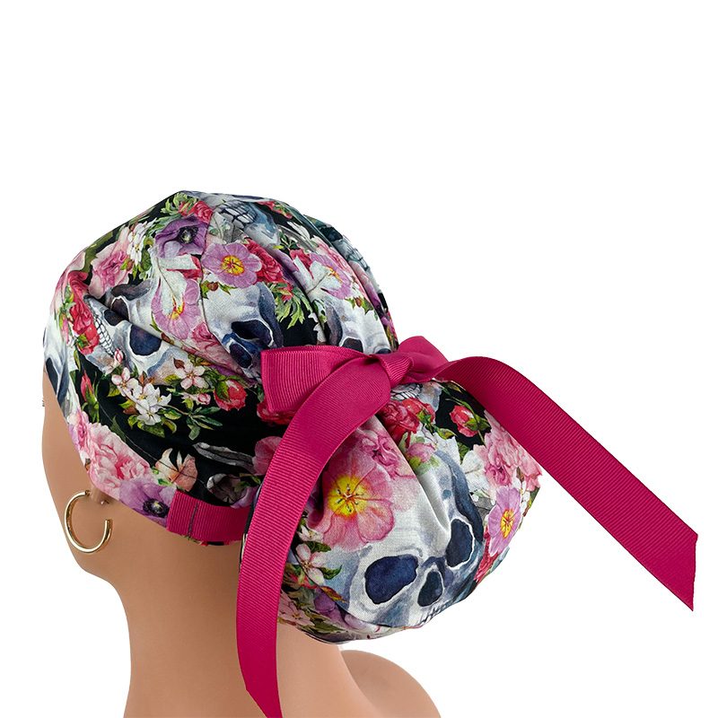 European Style Scrub Cap (Grosgrain Ribbon) - Skulls/Flowers - Rest in Romance - Image 4