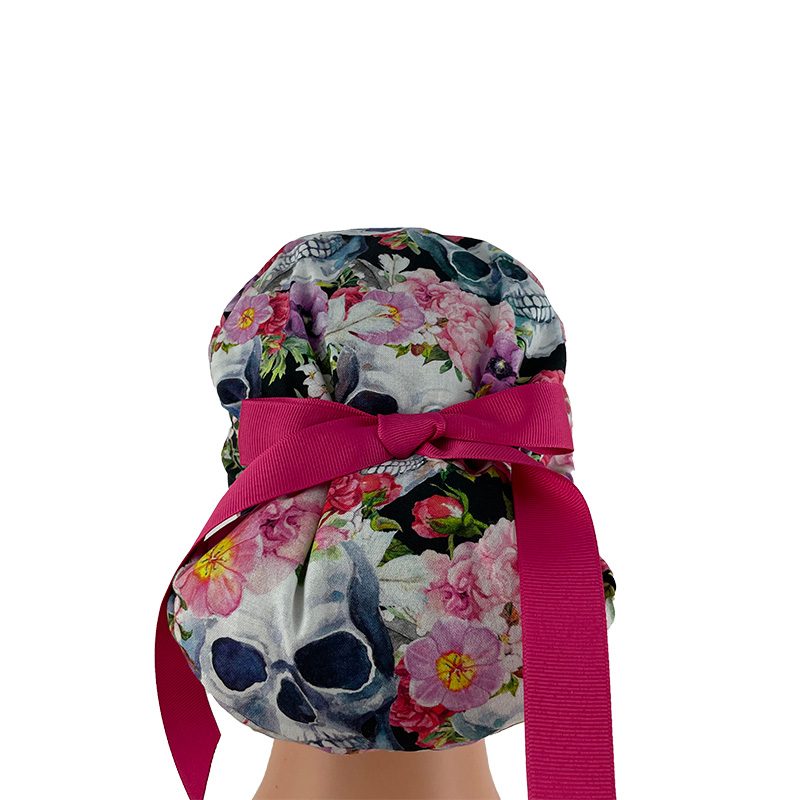 European Style Scrub Cap (Grosgrain Ribbon) - Skulls/Flowers - Rest in Romance - Image 5