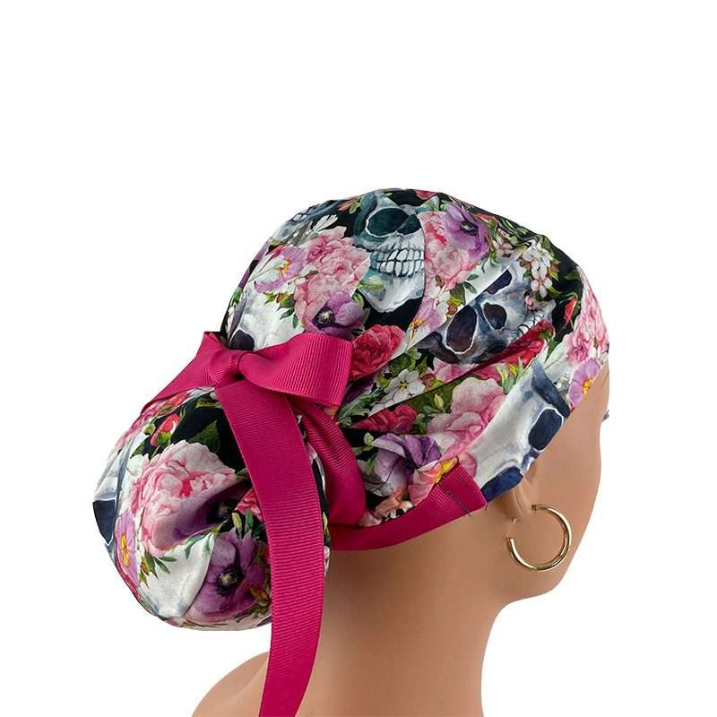 European Style Scrub Cap (Grosgrain Ribbon) - Skulls/Flowers - Rest in Romance - Image 6
