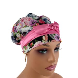 European Style Scrub Cap -Sateen Ribbon - Skulls/Flowers - Rest in Romance