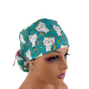 Ponytail Medical Scrub Cap – Unicorn Kitty