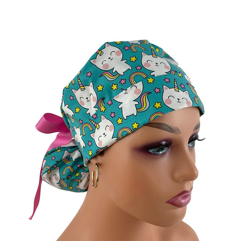 Turn Up Ponytail Medical Scrub Cap - Unicorn Kitty