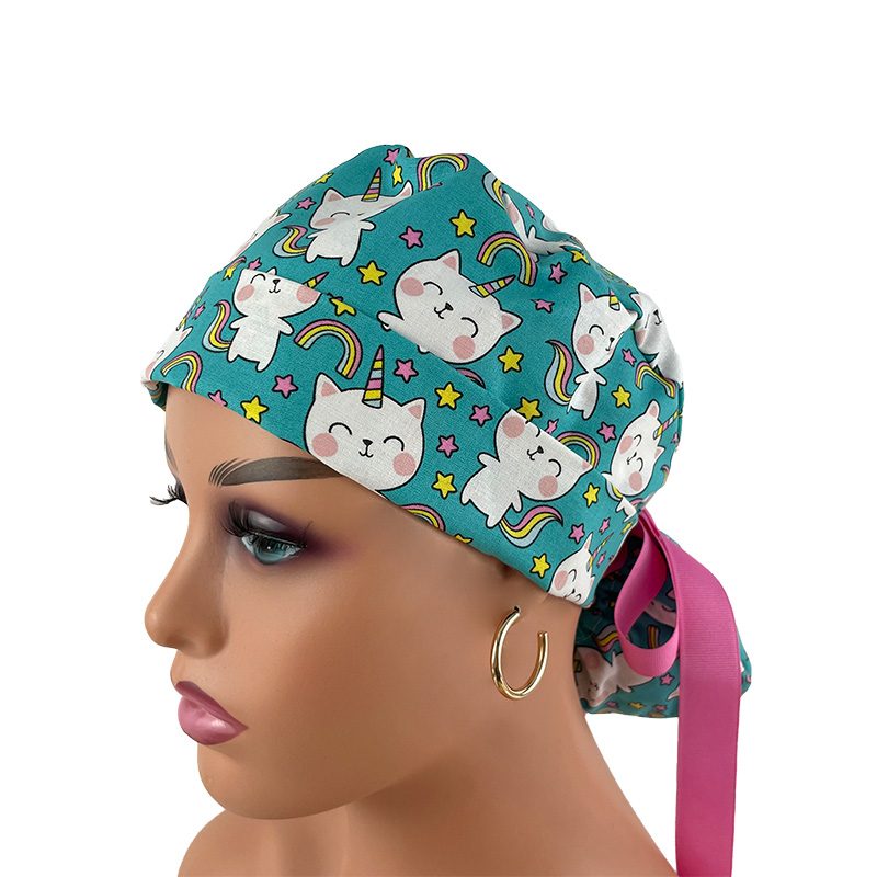 Turn Up Ponytail Medical Scrub Cap - Unicorn Kitty - Image 3