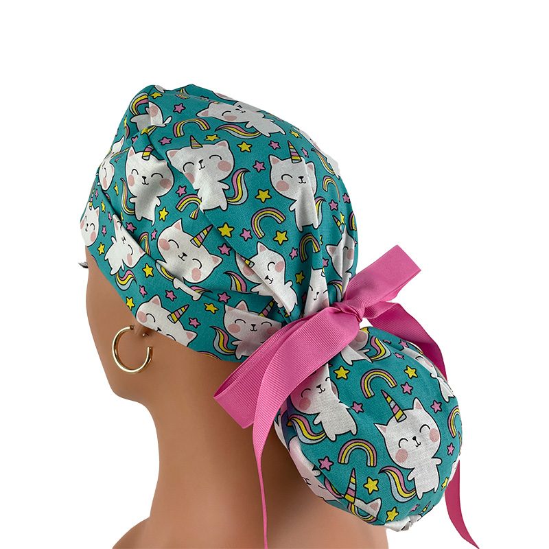 Turn Up Ponytail Medical Scrub Cap - Unicorn Kitty - Image 4