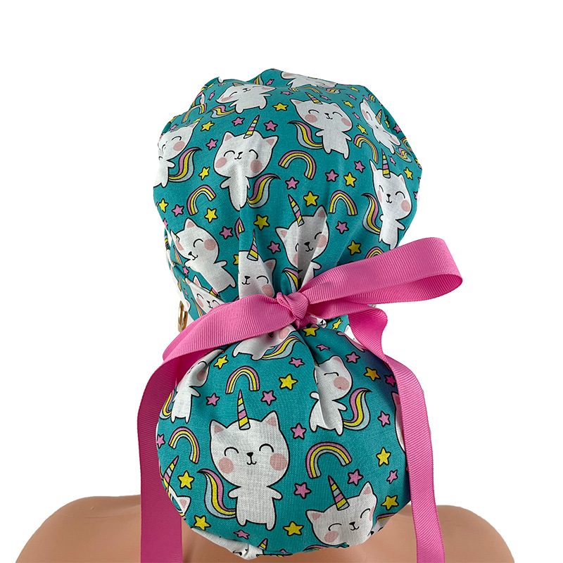 Turn Up Ponytail Medical Scrub Cap - Unicorn Kitty - Image 5