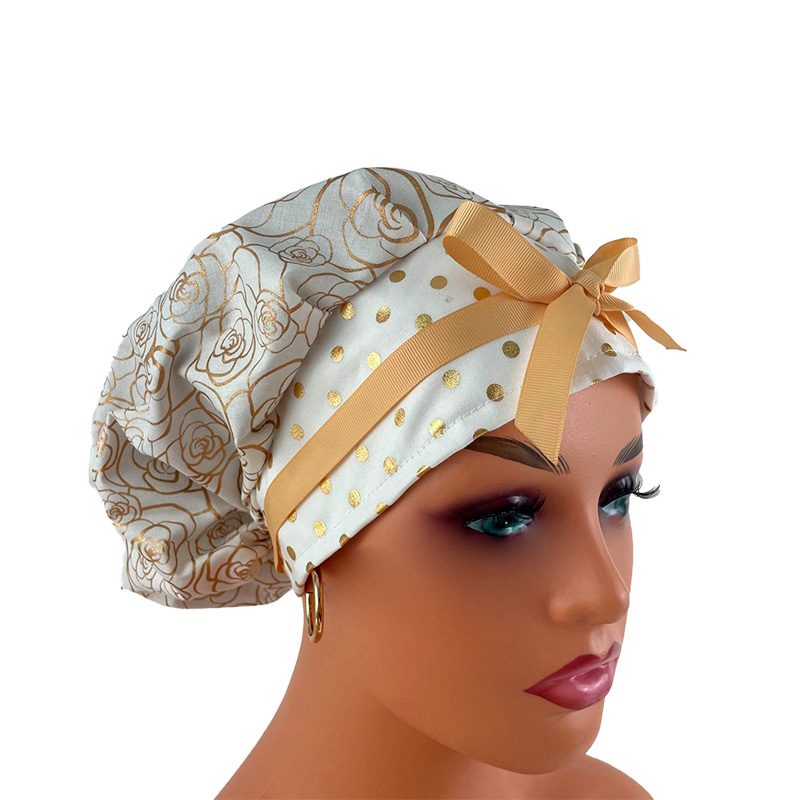 Bouffant Medical Scrub Cap - Gold Flowers and Dots