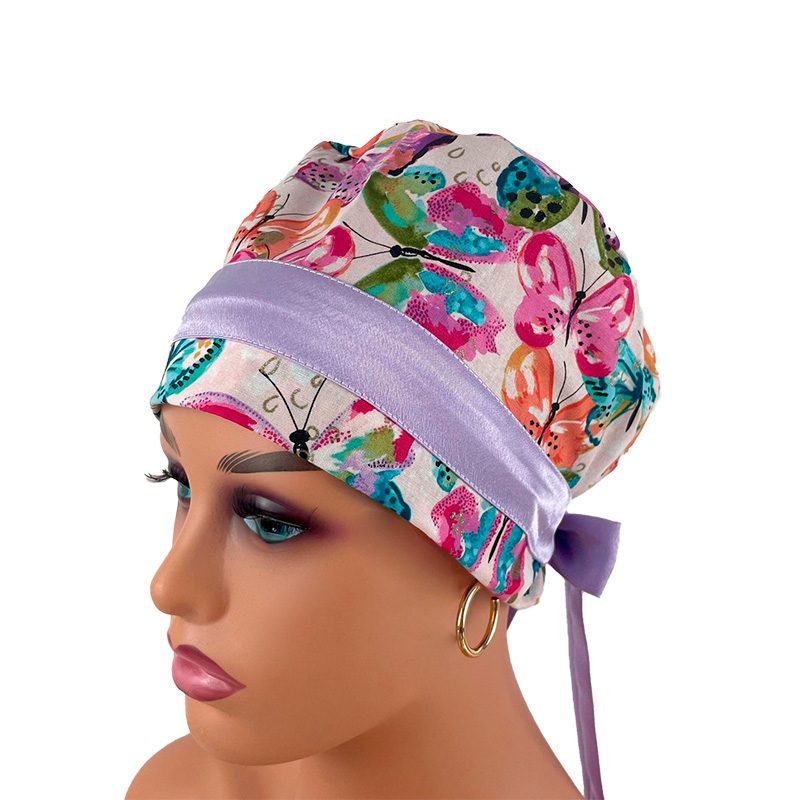 European Style Scrub Cap -Sateen Ribbon - Rainbow Butterflies - Image 7