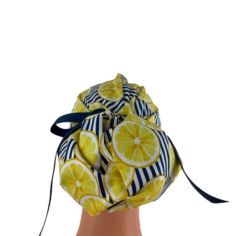 High Bun Ponytail Scrub Caps – Striped Lemons - Image 9