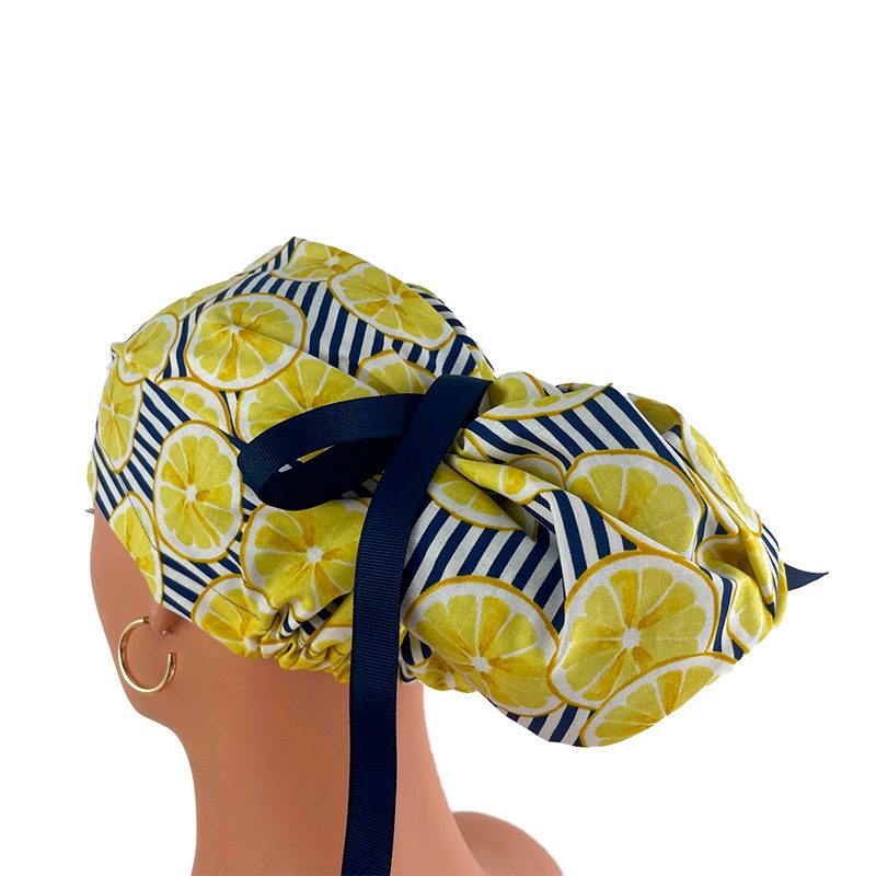 High Bun Ponytail Scrub Caps – Striped Lemons - Image 10