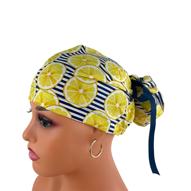 High Bun Ponytail Scrub Caps – Striped Lemons - Image 11