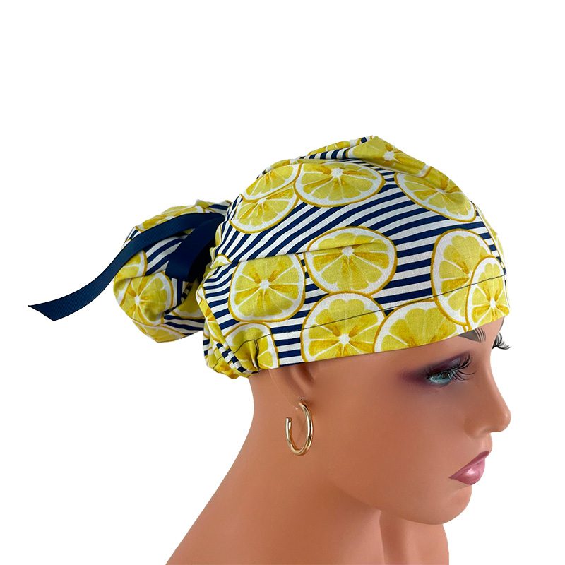 High Bun Ponytail Scrub Caps – Striped Lemons - Image 12
