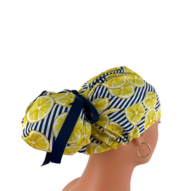 High Bun Ponytail Scrub Caps – Striped Lemons - Image 7