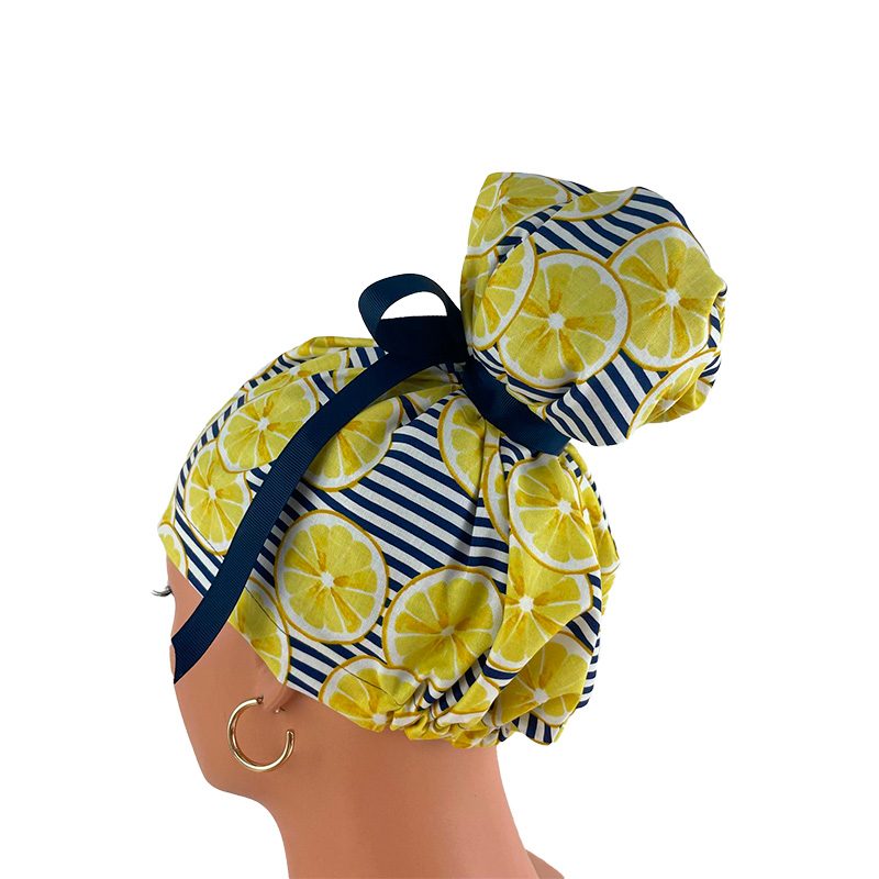 High Bun Ponytail Scrub Caps – Striped Lemons - Image 4