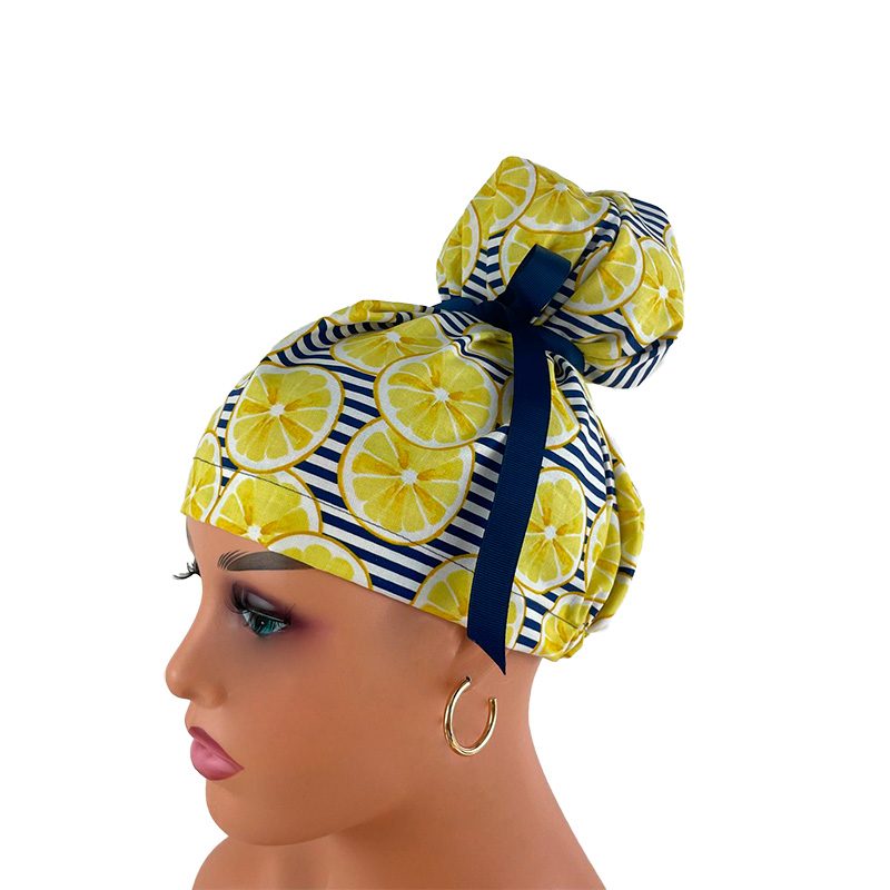 High Bun Ponytail Scrub Caps – Striped Lemons - Image 3