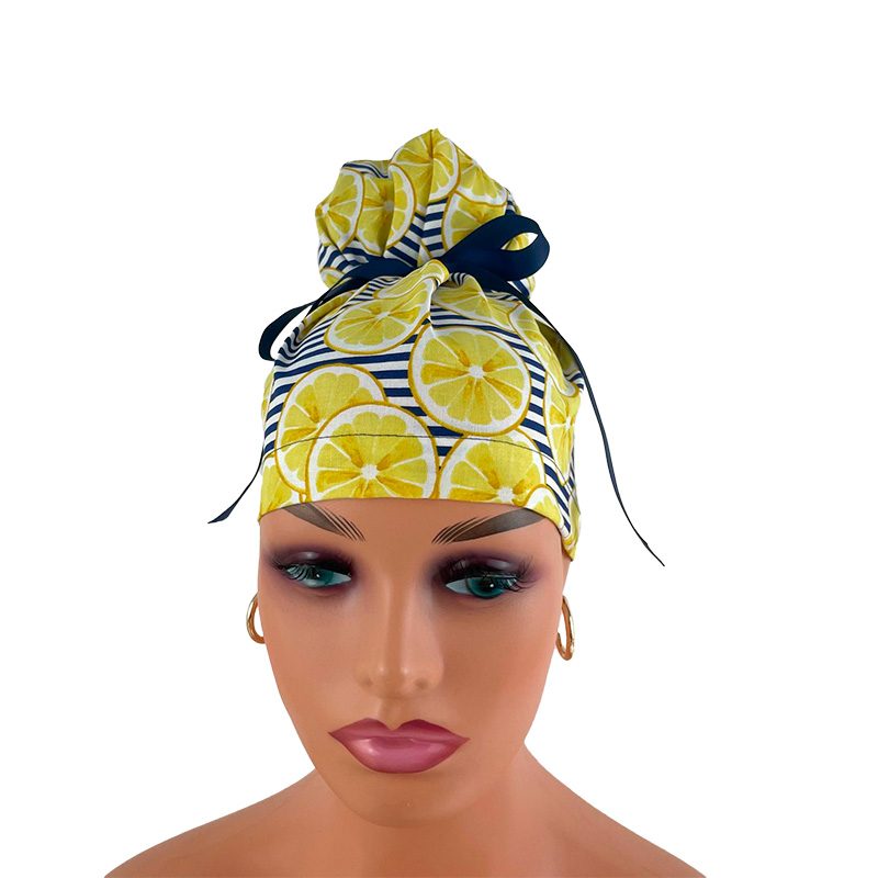 High Bun Ponytail Scrub Caps – Striped Lemons - Image 2