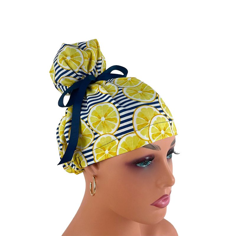 High Bun Ponytail Scrub Caps – Striped Lemons