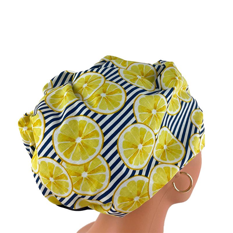 High Bun Ponytail Scrub Caps – Striped Lemons - Image 19