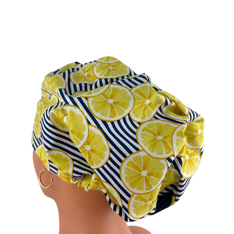 High Bun Ponytail Scrub Caps – Striped Lemons - Image 17