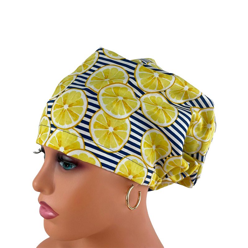 High Bun Ponytail Scrub Caps – Striped Lemons - Image 15