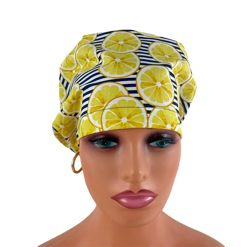 High Bun Ponytail Scrub Caps – Striped Lemons - Image 14