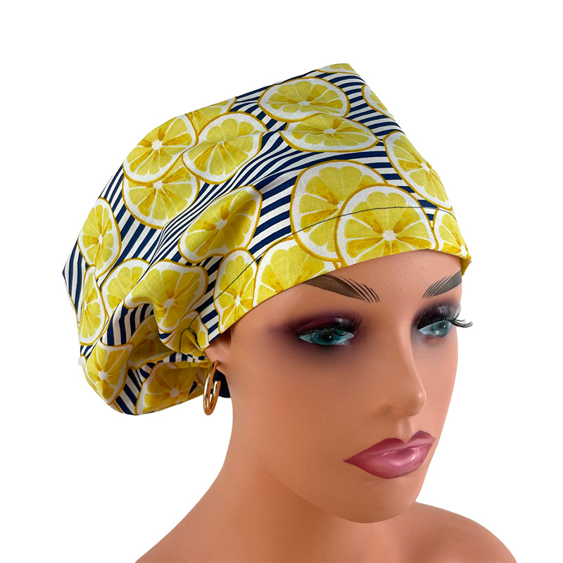High Bun Ponytail Scrub Caps – Striped Lemons - Image 13