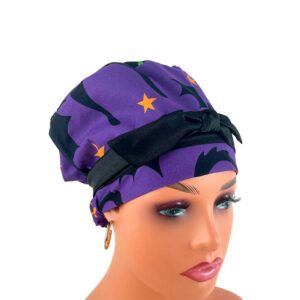 European Style Scrub Cap -Sateen Ribbon - Halloween Bats and Cats