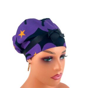 European Style Scrub Cap (Grosgrain Ribbon) - Halloween Bats and Cats