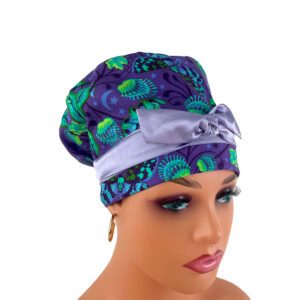 European Style Scrub Cap -Sateen Ribbon - Flowers Purple and Green