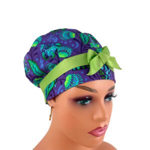 European Style Scrub Cap (Grosgrain Ribbon) - Flowers Purple and Green