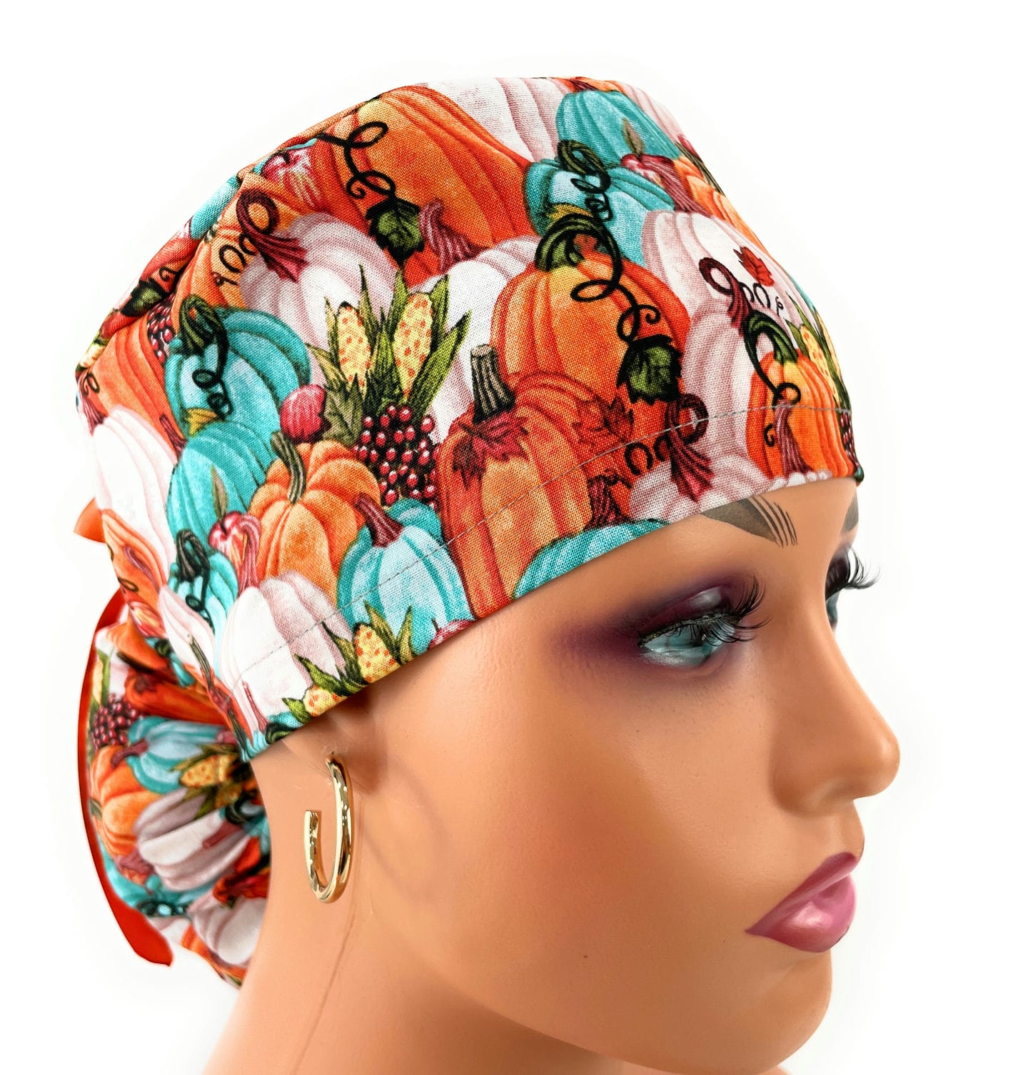Ponytail Medical Scrub Cap – Autumn Vintage Pumpkins
