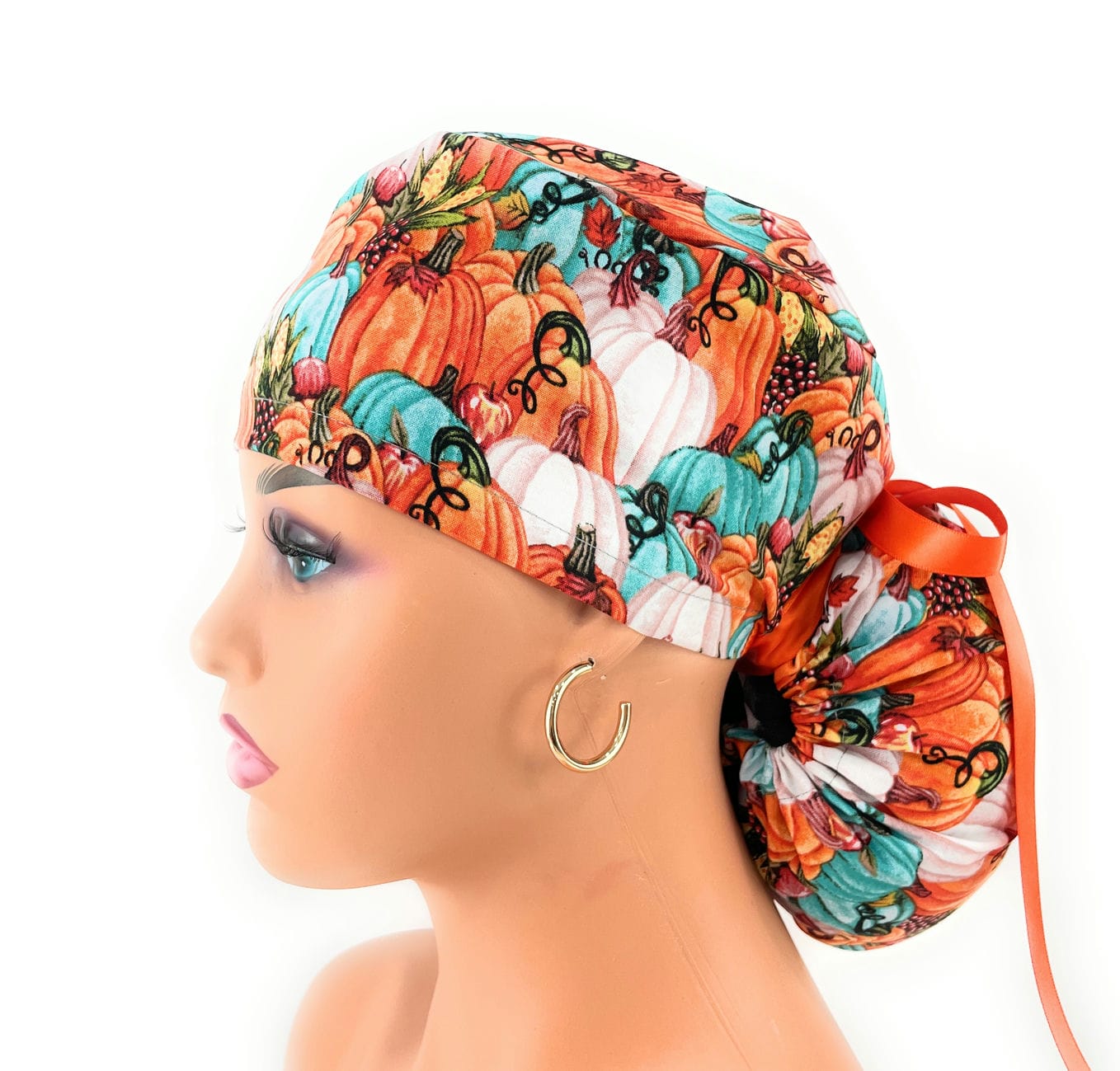 Ponytail Medical Scrub Cap – Autumn Vintage Pumpkins - Image 2