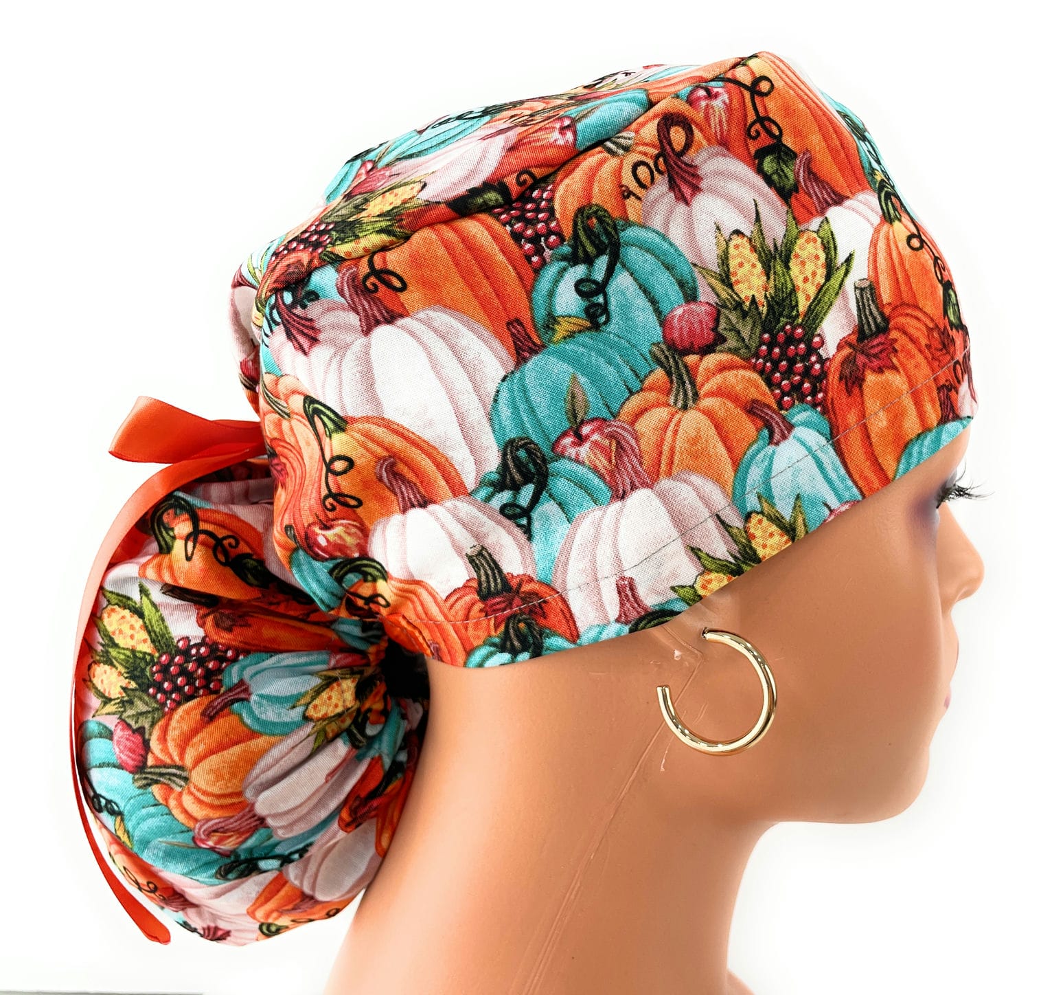 Ponytail Medical Scrub Cap – Autumn Vintage Pumpkins - Image 4