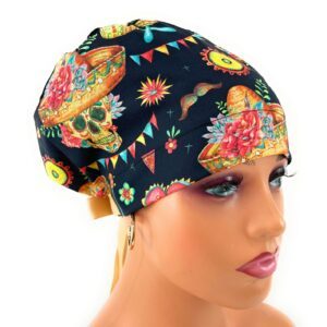 European Style Scrub Cap (Grosgrain Ribbon) - Sombrero/Sugar Skull