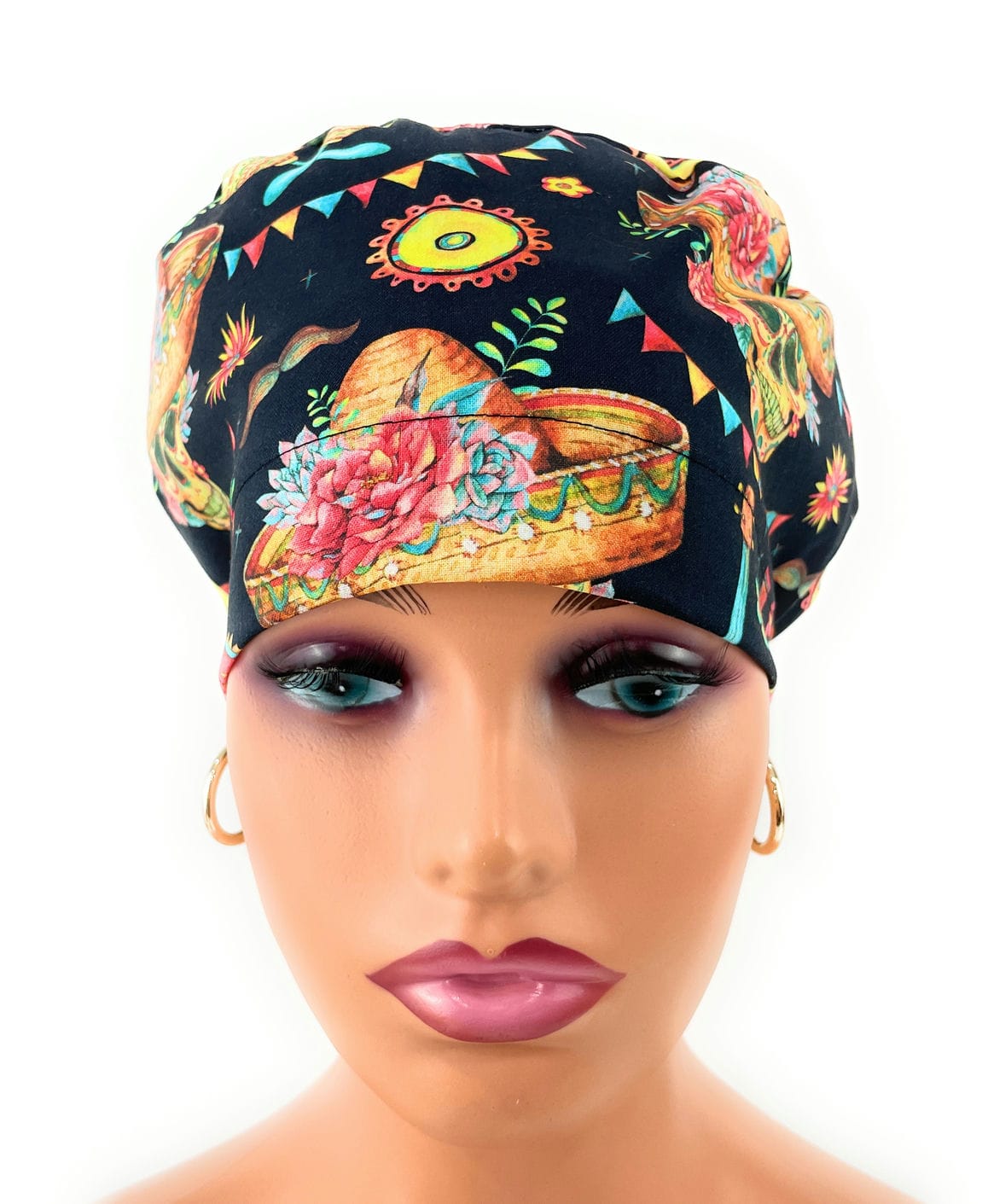 European Style Scrub Cap (Grosgrain Ribbon) - Sombrero/Sugar Skull - Image 2