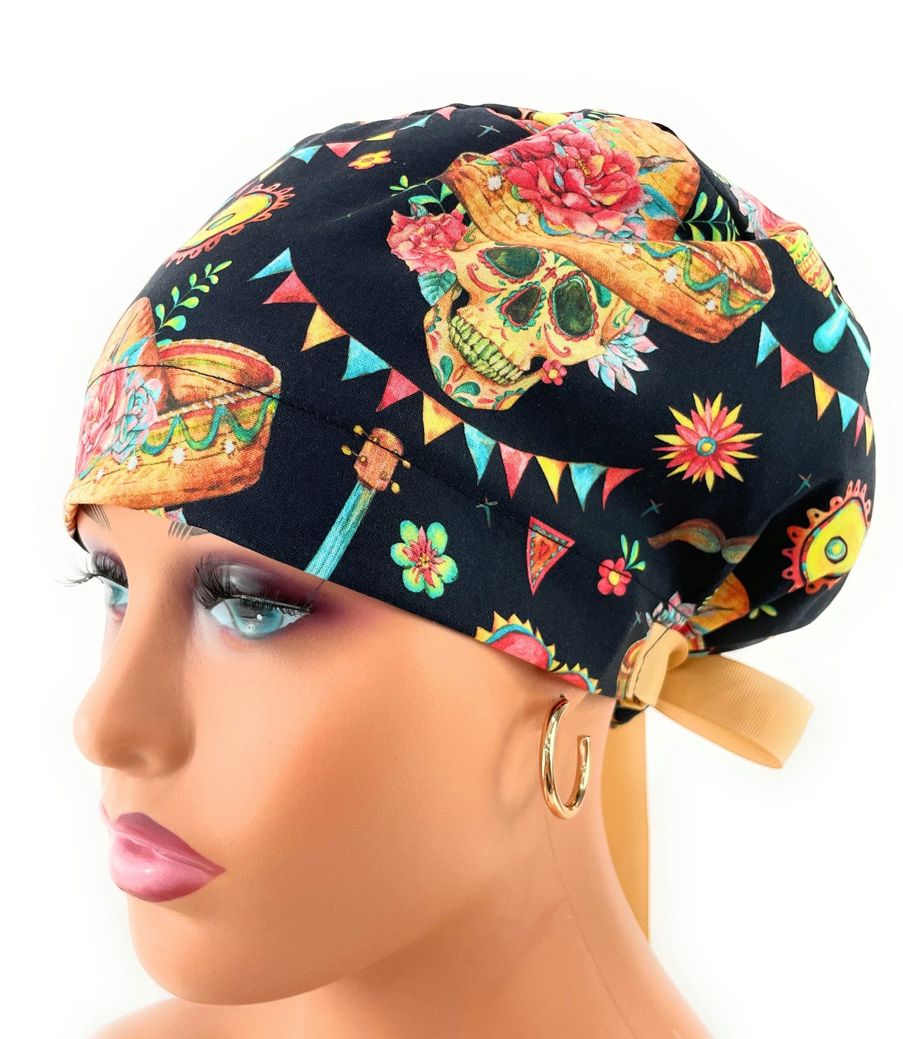 European Style Scrub Cap (Grosgrain Ribbon) - Sombrero/Sugar Skull - Image 3